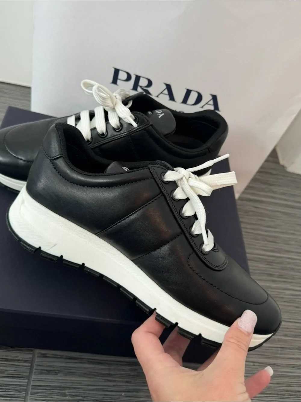 Prada Black Leather Sneakers with White Soles and Laces - Picture 1 of 2